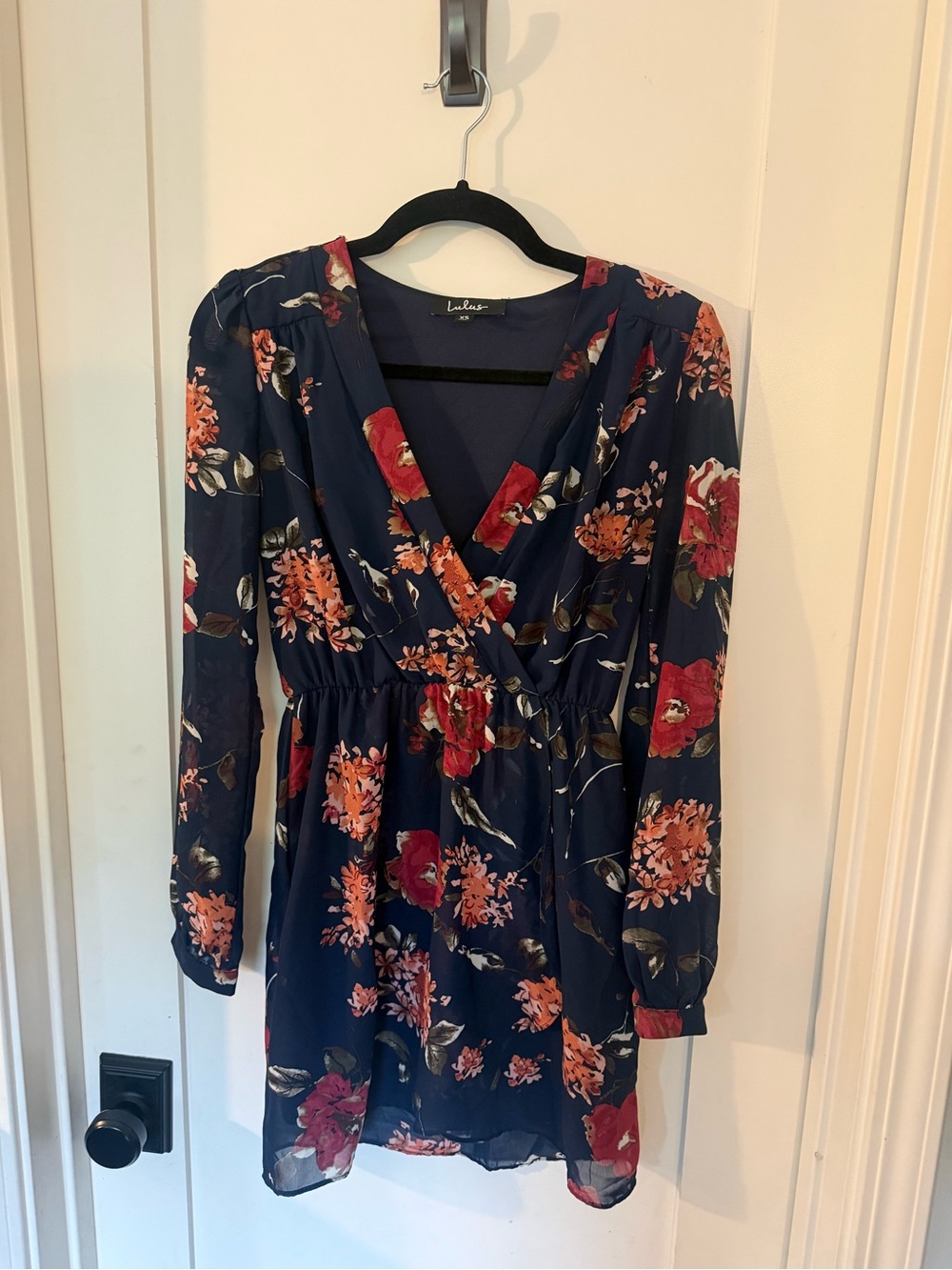 Lulu's Navy Floral Long-Sleeve Wrap Dress with Red Blooms